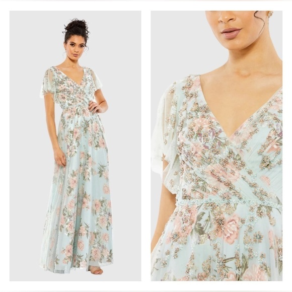 Mac Duggal 11220 NWT Floral Flutter Sleeve V-Neck Maxi Dress - Picture 1 of 9